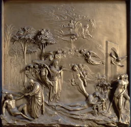 Historien om Adam: Adams og Evas skabelse, fristelsen og uddrivelsen fra haven, et af ti reliefpaneler fra Paradisets porte (østlige døre) af Lorenzo Ghiberti (1378-1455) 1425